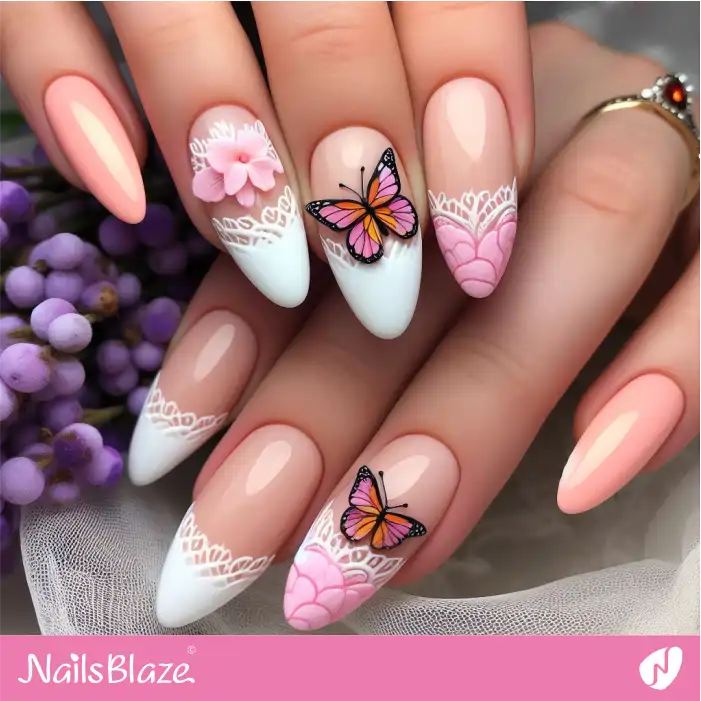 Peach Fuzz Nails with Butterfly Design and Filigree French Art | Color of the Year 2024 - NB1824